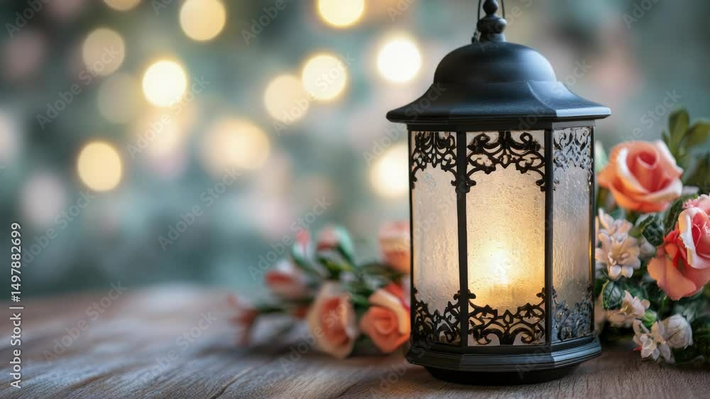 Poster A lantern with a light inside sits on a table