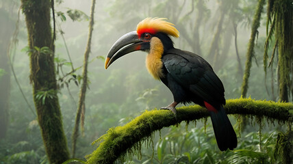 Obraz premium Morning Majesty – Helmeted Hornbill in Misty Rainforest