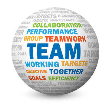 TEAM colorful word cloud on globe on transparent background