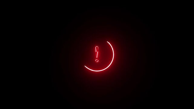 Glowing neon warning sign on black background. Neon exclamation mark saber animation