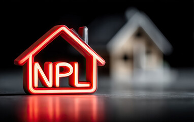 Real estate concept with glowing NPL sign shaped like house and blurred home model in background