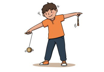 A cheerful young boy proudly displays his yo-yo trick. Vibrant orange clothing and playful pose create a joyful, engaging illustration. Perfect for lifestyle and children's themes.