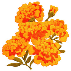 Bright embroidery patch of orange marigold flower with green leaves creates vibrant and cheerful design perfect for fabric decoration