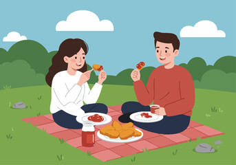 couple enjoys a picnic with nuggets and dipping sauce outdoors They're  and sharing food creating a joyful and relaxed scene Bright cheerful and perfect for food or lifestyle imagery