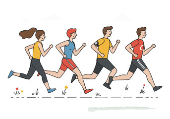 Four runners sprint together, promoting unity and health. A vibrant, modern illustration with a grassy backdrop. Ideal for fitness, charity, and motivational campaigns.