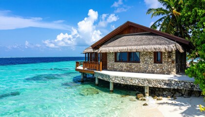 Fototapeta premium Coastal Bungalow with Coral Stone Design in Maldivian Paradise