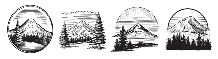 Detailed Vintage Illustrations of Mountains with Trees Landscape, vintage retro hipster logo design, vector illustration, engraving design