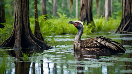 Obraz premium horned screamer An ancient-looking horned screamer wading through a swamp full of cypress roots and ferns