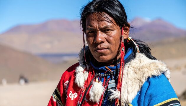Fierce Mapuche Warrior in Traditional Clothing and Armor of Chile