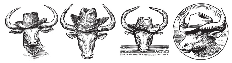 Fototapeta premium Vintage Cowboy Style Cattle Heads with Hats in Detailed Illustrations, vintage retro hipster logo design, vector illustration, engraving design