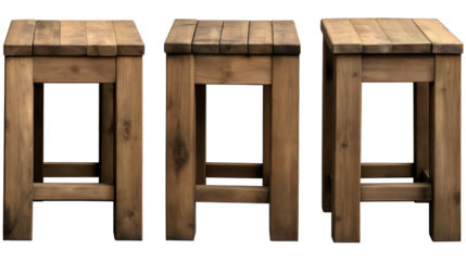 Set of rustic wooden bar stools handcrafted pine furniture set with plank tops and solid square legs in natural brown finish, transparent. 