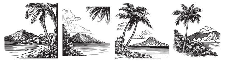 Discover a collection of serene black and white illustrations showcasing tropical landscapes with mountains and palm trees. Perfect for artistic projects.