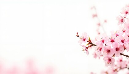 Cherry blossom branch blooming against white background, spring beauty