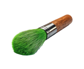 Green brush with wooden handle for painting and art projects on a transparent background, cut out
