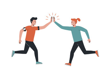 Two runners high-five, celebrating a run together. Energetic and joyful, showcasing fitness and camaraderie. Modern illustration style.