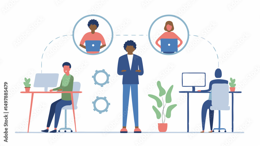 Poster illustration of a diverse team working remotely with laptops and computers in an office environment