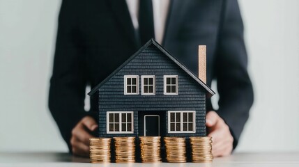 Model house on coins representing real estate investment concepts