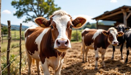 Obraz premium Brown and White Cow in Sunny Pasture with Green Grass and Blue Sky on a Relaxing Farm Setting
