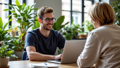 Obraz premium Young Man Smiling While Engaging with a Woman at a Laptop in a Bright Indoor Plant-Filled Office Space