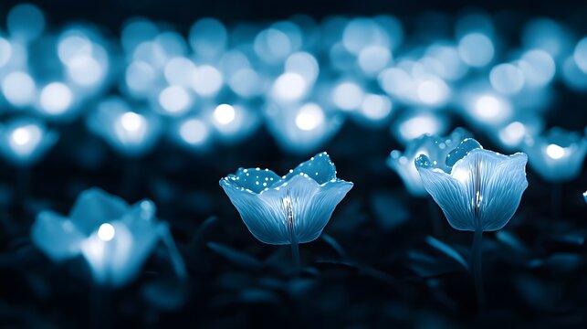 Glowing Blue Flowers Field Night Lightscape