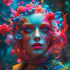 Vivid underwater-inspired portrait of a woman adorned with colorful coral and aquatic elements