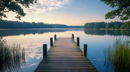 Fototapeta premium A serene lake scene with a wooden pier and reflections of the sky.