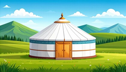 Traditional Mongolian Yurt in a Vast Green Landscape Under Clear Sky