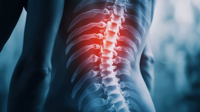 Human Spine Anatomy Illustration with Highlighted Pain Area