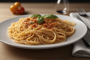 Ultra realistic spaghetti bolognese cheese pasta dish plate in restaurant table