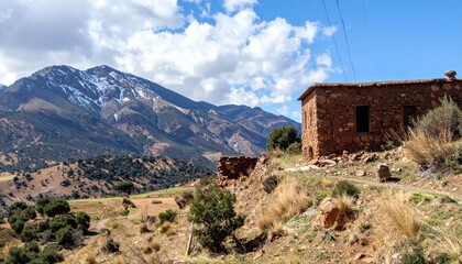 Fototapeta premium Scenic Stone House in the Rugged Atlas Mountains Landscape