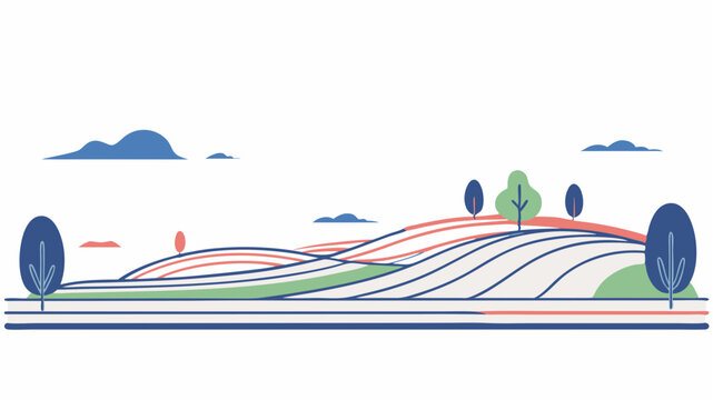 Illustration of a landscape with rolling hills, trees, and clouds in a minimalist and stylized design