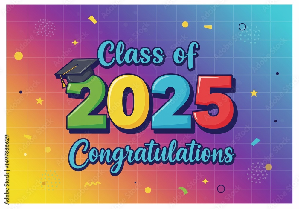 Fototapete class of 2025 congrats, graduating event decor with notebook paper backdrop and festive elements. 3d