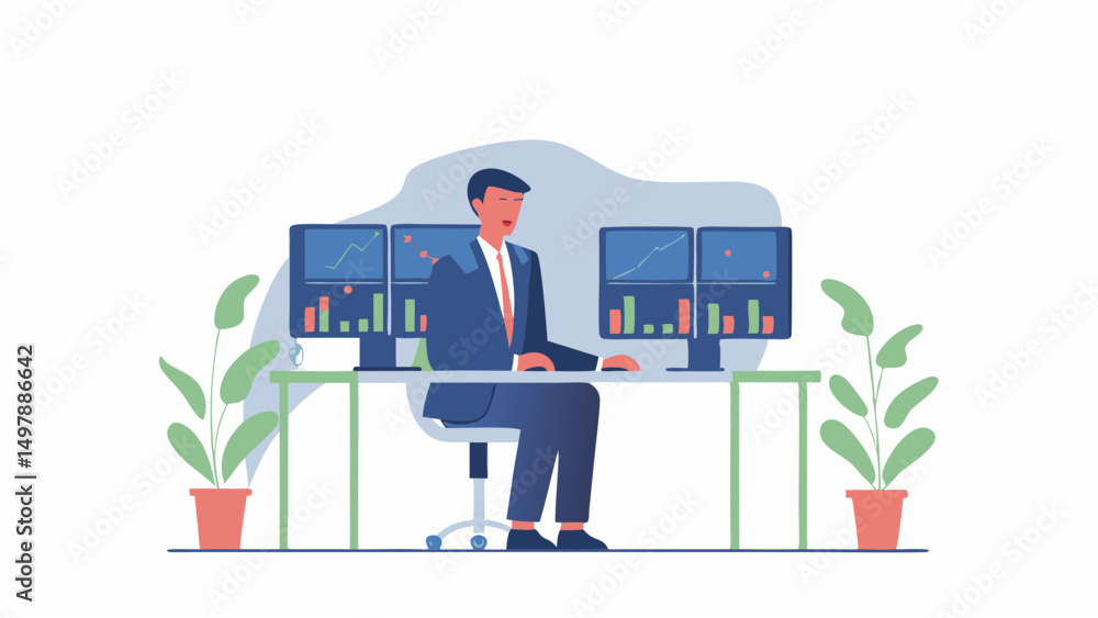 Poster man in suit sitting at desk with multiple monitors displaying stock market charts and potted plants 