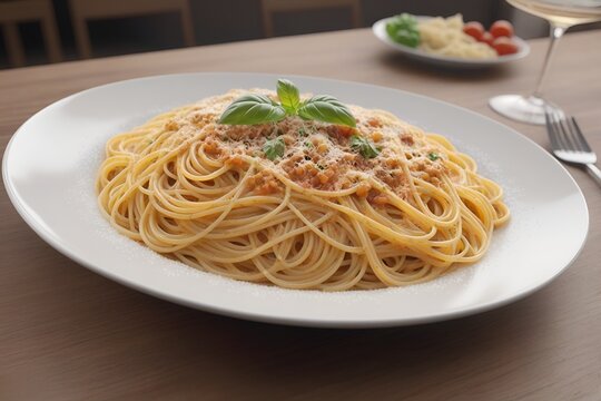 Ultra realistic spaghetti bolognese cheese pasta dish plate in restaurant table