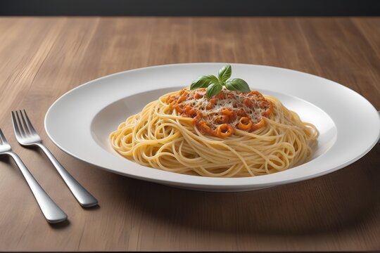 Ultra realistic spaghetti bolognese cheese pasta dish plate in restaurant table