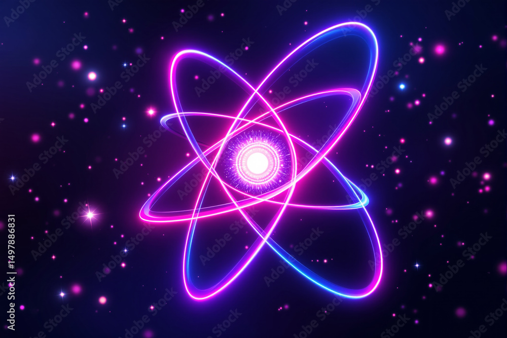 Poster glowing neon atomic structure with orbiting particles and bright core on a cosmic background, symbol