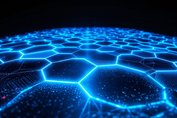 Glowing hexagonal pattern with blue neon lights and digital dots, futuristic creative style, dark background. Concept of network, data, or innovation. Ai generative