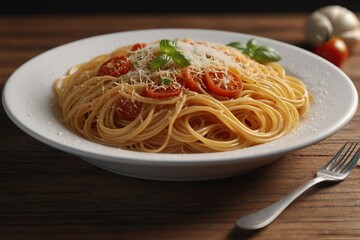 Ultra realistic spaghetti bolognese cheese pasta dish plate in restaurant table
