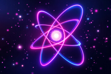 Glowing neon atomic structure with orbiting particles and bright core on a cosmic background, symbolizing scientific energy and futuristic concept, Ai generative