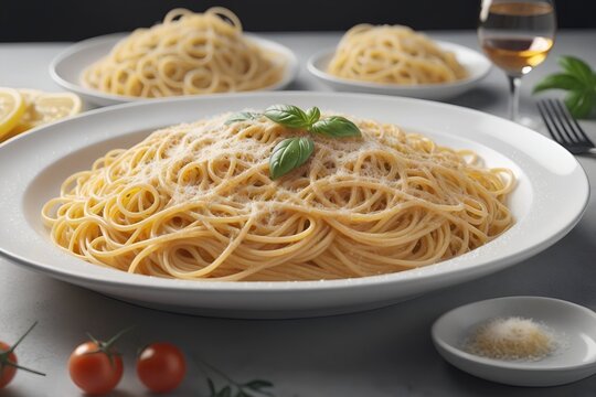 Ultra realistic spaghetti bolognese cheese pasta dish plate in restaurant table
