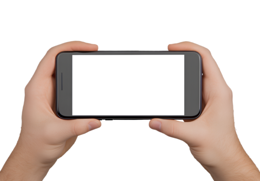Hand holding a smartphone with a blank white screen, isolated on a transparent background. Cutout PNG file, flat design illustration, 3D rendering, white background, PNG with no text.