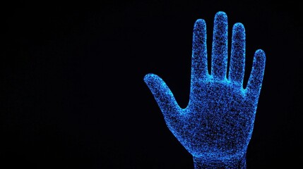 Human Hand in Neon Blue 3D Wireframe Against Dark Background