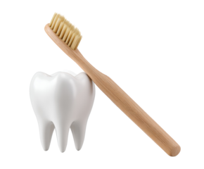 Tooth care essentials with a bamboo toothbrush and a dental model on a transparent background, cut out