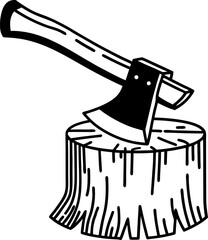 wooden axe on tree stump rustic camping tool, chopping wood for firewood, outdoors activity, survival gear illustration
