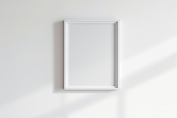 White rectangular picture frame mockup hanging on plain wall, minimalistic photo style, bright neutral background, concept of creative blank display. Ai generative