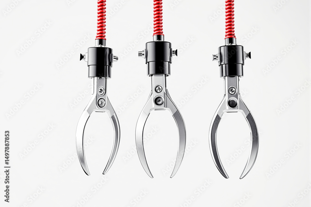 Poster three metallic claw machine arms with red coiled cords hanging in symmetry, minimalistic graphic sty