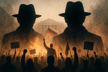 A powerful scene depicting a protest with raised fists and placards