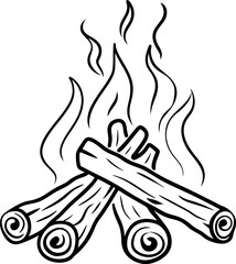 campfire illustration with burning firewood flame and wood graphic, black and white line art drawing