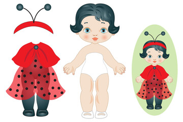 Simple paper doll for children with ladybug dress,