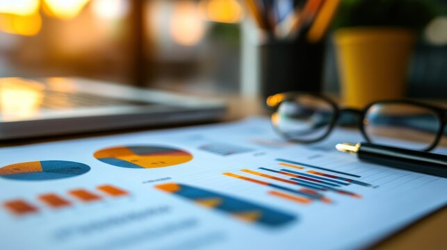 Close-up of business data with graphs, pen, and glasses on an office desk.